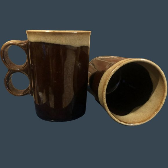 Vtg Pair MCM Brown Drip Glaze Double Trigger Two Finger Handle Mugs Cups - Picture 1 of 6